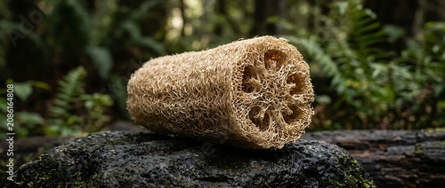Natural Loofah Sponge on a Rock in a Lush Forest Setting