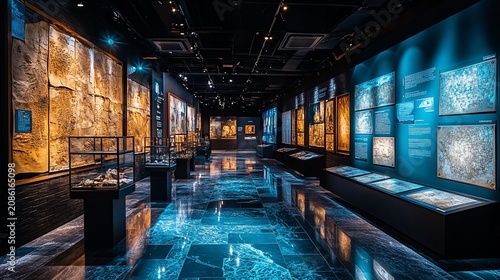 Illuminated Exhibition Hall Showcasing Ancient Artifacts and Historical Maps