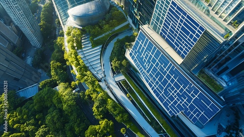 Aerial view of modern city architecture featuring solar panels on buildings
