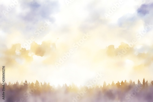 Serene sunrise over misty forest