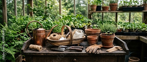 Rustic gardening potting bench with tools and plants in a sunlit greenhouse