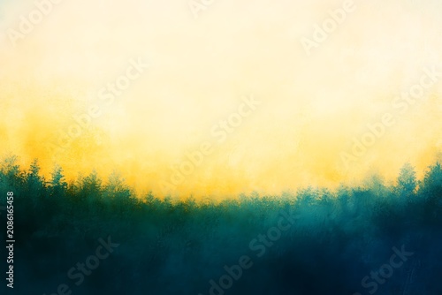 Golden sunrise over a dense forest