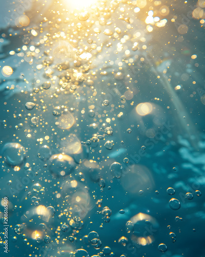 Underwater bubbles rising toward sunlit ocean surface closeup