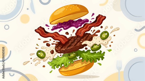 Foto Exploding Gourmet Burger with Ingredients Suspended Mid-Air, Toasted Brioche Bun