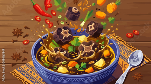 Canvastavla Dynamic Overhead Shot of Oxtail Soup Ingredients Splashing into a Blue Bowl, Fea
