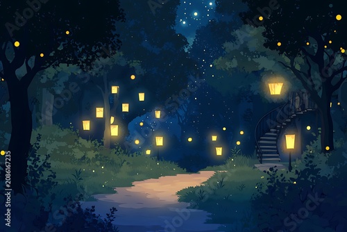 Enchanted forest path at night