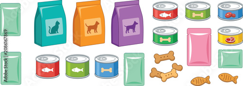 Pet food collection featuring dry food packages canned meals treats fish snacks and feeding supplies for cats and dogs vector set