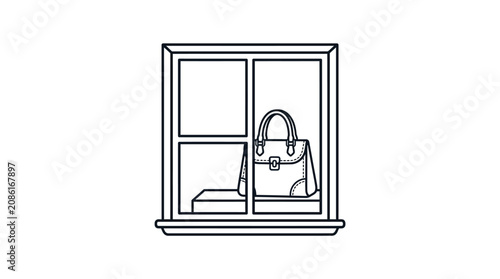 A simple black and white line drawing of a handbag displayed in a shop window.