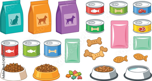 Pet food collection featuring dry kibble canned food treats fish bones and feeding bowls for cats and dogs vector illustration set