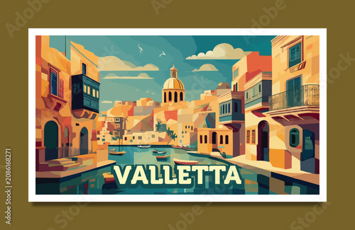 Valletta Malta travel poster vector illustration geometric flat art colorful Mediterranean capital landmark retro travel poster design architecture souvenir print wall decor wallpaper graphic