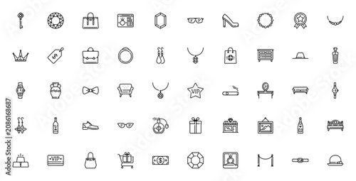 Luxury shop icon set. Premium vector icons pack. Minimalist style. Featuring key, diamond, handbag, crown, watch, perfume, champagne, gift, jewelry and more. Editable vector stroke.
