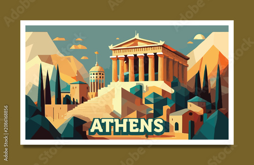 Retro geometric pop art Athens Greece Parthenon skyline travel poster, vintage abstract Acropolis cityscape vector illustration, colorful European landmark background for home wall art decor.
