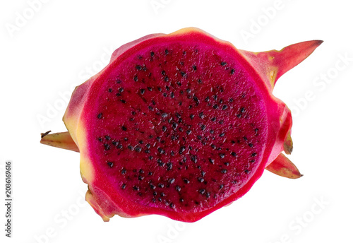 Fresh Cut Half of Red Tropical Dragon Fruit Pitaya Isolated on White