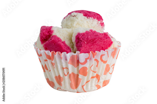Steamed Sponge Cupcake with Pink and White Pattern Isolated on White Background