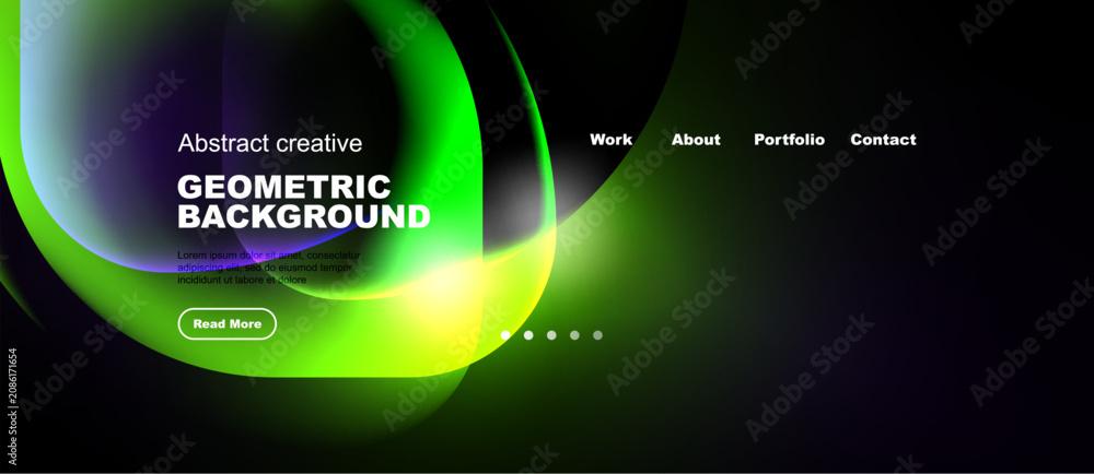 Fototapeta premium Abstract geometric background features vibrant green, blue hues. Website header includes navigation options, text, button. Dark backdrop dominates image.