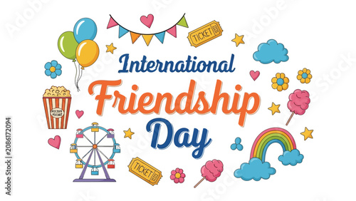 Foto International Friendship Day Celebration: A vibrant illustration capturing the essence of International Friendship Day, featuring playful elements like balloons, a Ferris wheel, cotton candy