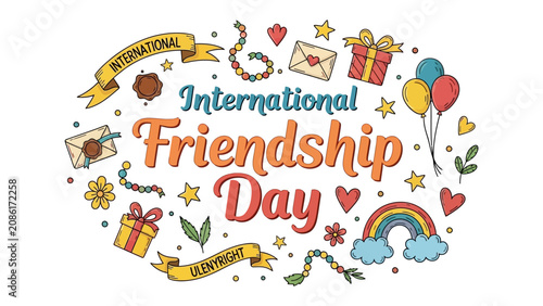 фотографія Celebration of Friendship: A colorful illustration celebrating International Friendship Day, adorned with symbolic elements like gifts, letters, rainbows, and balloons
