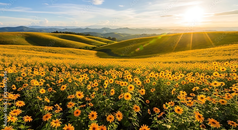 Fototapeta premium Beautiful Sunflower Field with Rolling Hills and Bright Sky in Summer.