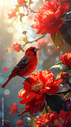  red flower with red bird in avian