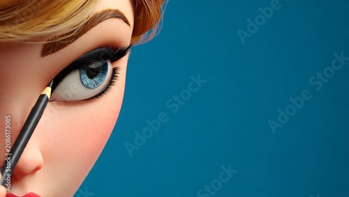 Close up 3D cartoon woman applying black eyeliner pencil to her blue eye against a solid blue background with extensive copy space.