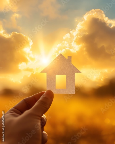 Hand holding paper house silhouette at sunset.