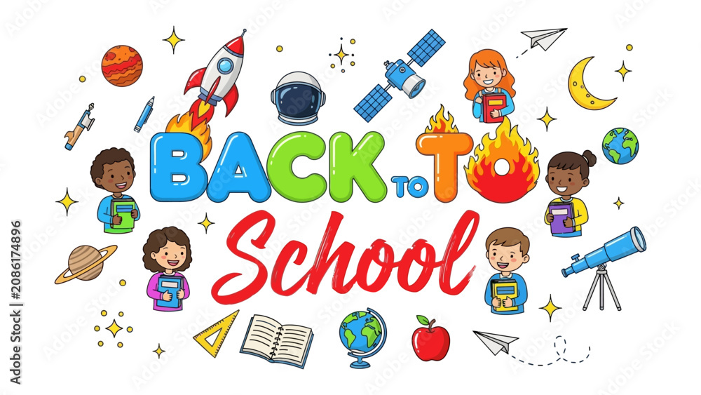 Fototapeta premium Back to School Celebration: A vibrant illustration celebrates the start of the school year with diverse children, educational symbols, and space-themed elements, fostering excitement for learning.