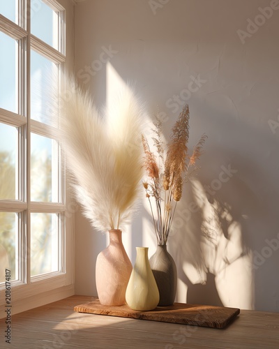 Stylish vases with pampas grass indoors.