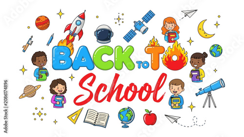Quadro su tela Back to School Celebration: A vibrant illustration celebrates the start of the school year with diverse children, educational symbols, and space-themed elements, fostering excitement for learning