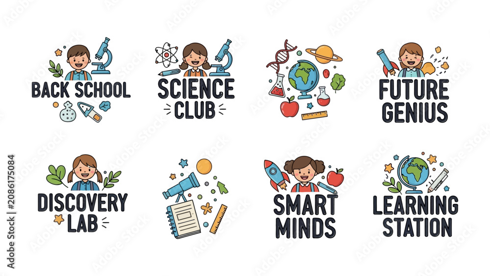 Naklejka premium Science Education Icons: A collection of whimsical illustrations celebrating science education, featuring children, scientific equipment like microscopes and telescopes, planets, rockets.