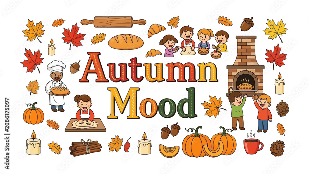Fototapeta premium Autumn Mood Illustration: A cheerful illustration depicting the essence of autumn with various elements like pumpkins, leaves, baking, a fireplace, and children enjoying the season.