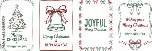 Set of four vintage Christmas card designs featuring festive illustrations and holiday greetings