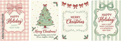 Collection of four festive Christmas and New Year holiday greeting cards with vintage-inspired illustrations