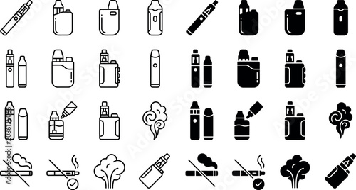 Silhouette style icons of electronic cigarettes and vaping devices on white background