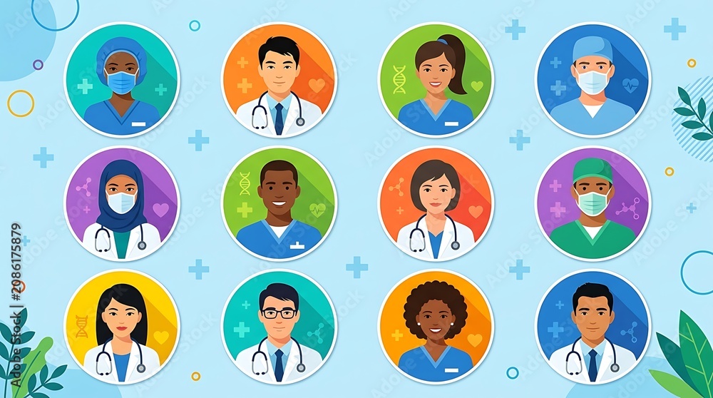 Fototapeta premium Diverse medical professional team avatars in flat design style