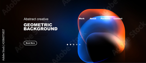 Dark background features vibrant abstract shapes, text, navigation menu. Modern design promotes creativity, portfolio access.