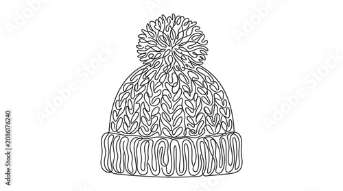 Minimalist continuous line winter beanie hat icon cozy cap vector graphic isolated on white