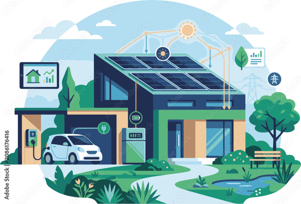 Fototapeta premium Modern eco house with rooftop solar energy panels and electric vehicle charger in sustainable residential setting education residential sustainable charging electric