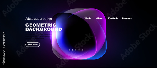 Dark website mockup features vibrant abstract shapes, text elements, navigation menu. Modern design promotes creativity, portfolio viewing.