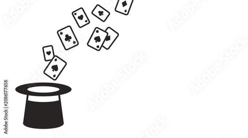 A magician top hat with playing cards floating out of it.