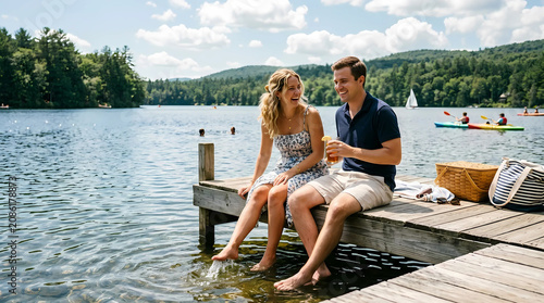 A young couple relaxes on a dock by a serene lake on a summer day