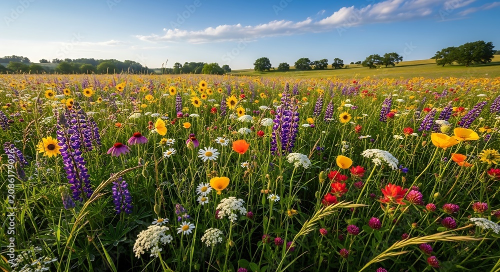 Fototapeta premium Beautiful Wildflower Field with Bright Yellow Marigolds and Vibrant Purple Lupines Under Blue Sky.