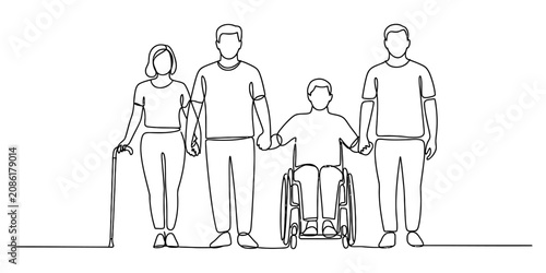 Foto Continuous one line drawing of a happy family with a person in a wheelchair and
