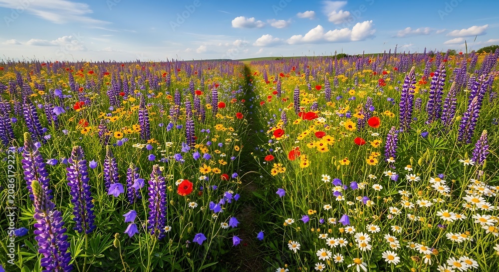 Fototapeta premium Beautiful Wildflower Meadow Under Clear Blue Sky Scene.