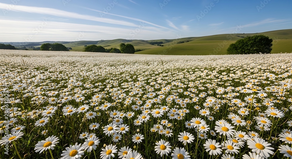 Fototapeta premium Beautiful Wildflower Field with Rolling Green Hills and Bright Sky.
