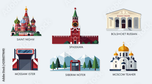 Iconic Russian Landmarks Vector Set - Saint Basil's, Kremlin, Bolshoi Theatre