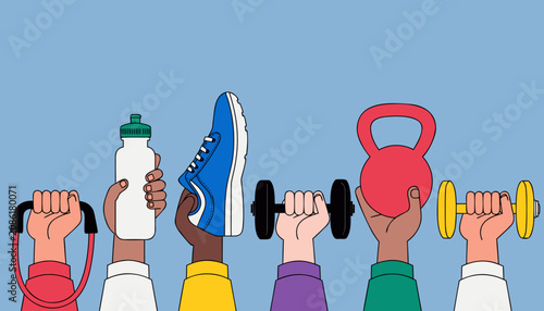 Six raised arms with different skin tones, each holding a fitness item resistance band, water bottle, sneaker, dumbbell, kettlebell, and another dumbbell against a flat sky-blue background.