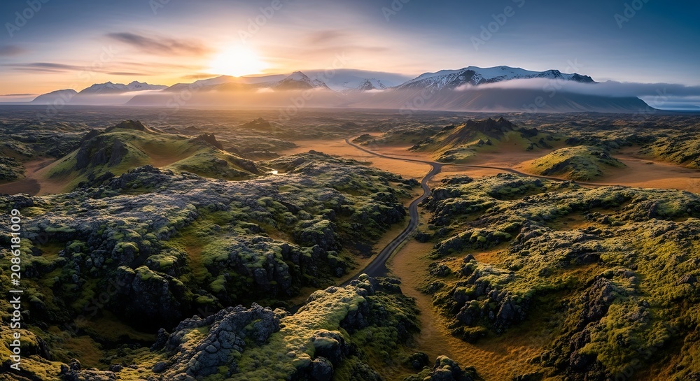 Fototapeta premium Breathtaking Landscape View of Rolling Hills and Sunset Sky.