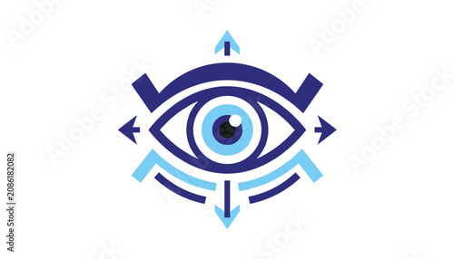 Abstract blue eye vector icon with directional navigation arrows pointing in four cardinal directions.