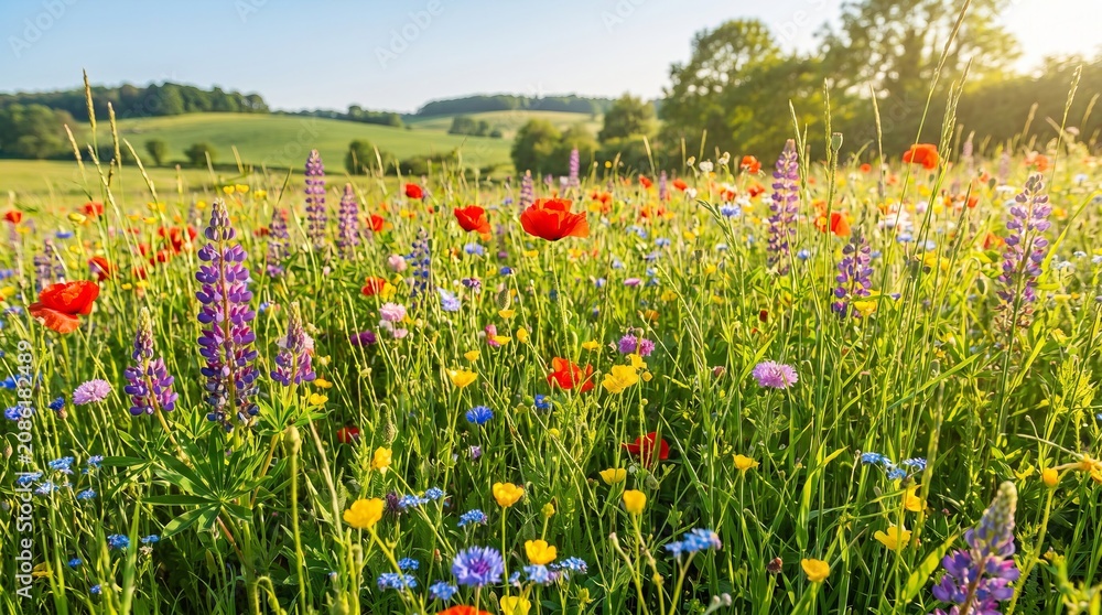 Fototapeta premium Wildflower meadow blooming with colorful spring blossoms beneath bright sunshine, surrounded by lush grass, fresh seasonal landscape
