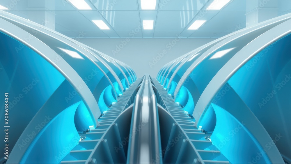 Fototapeta premium Futuristic tunnel design. Blue lighting creates dramatic perspective. Metallic surfaces reflect light, suggesting advanced technology. Clean lines dominate composition.